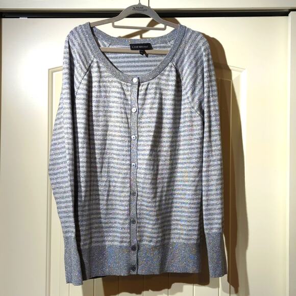 Lane Bryant Silver Metallic Striped Cardigan Wide Ribbed Hem and Cuffs Sz 18-20 - Picture 1 of 9